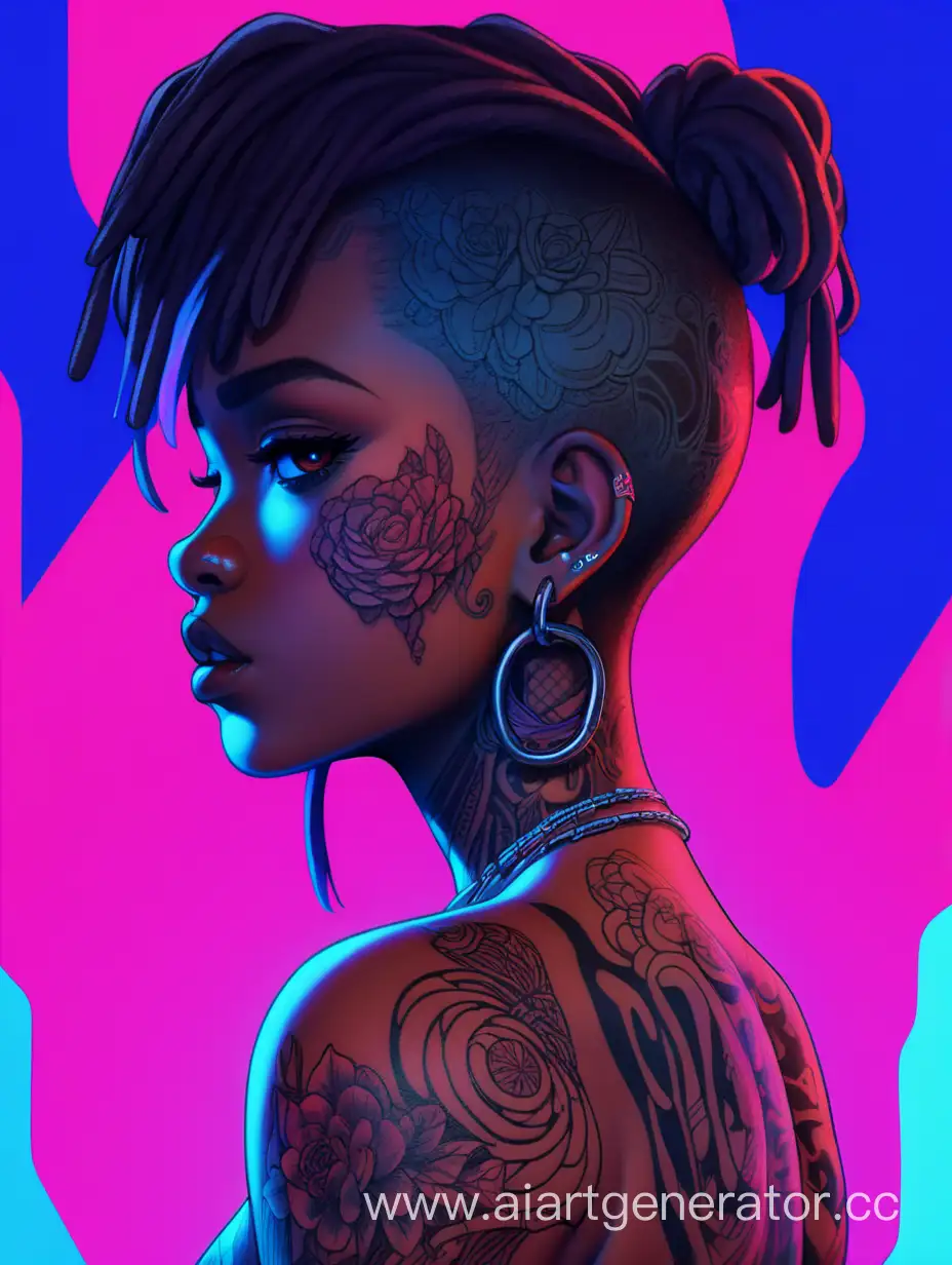 Tattooed-DarkSkinned-Woman-in-Neon-Anime-Setting