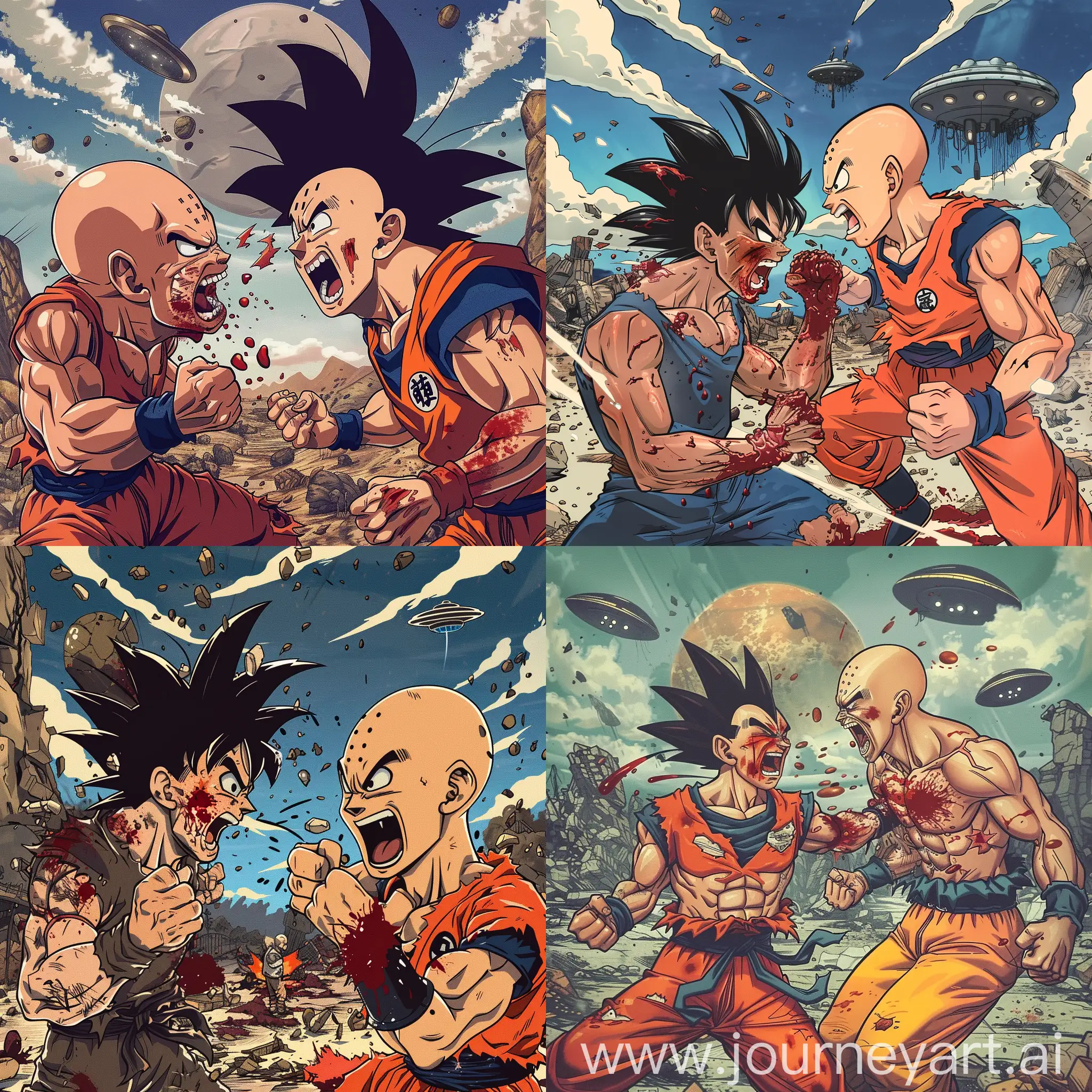 Son Goku of Dragon Ball is fighting against Saitama of One punch man, both are angry, injured and have blood on their lips, in a apocalyptic planet in ruin, ufos on sky
