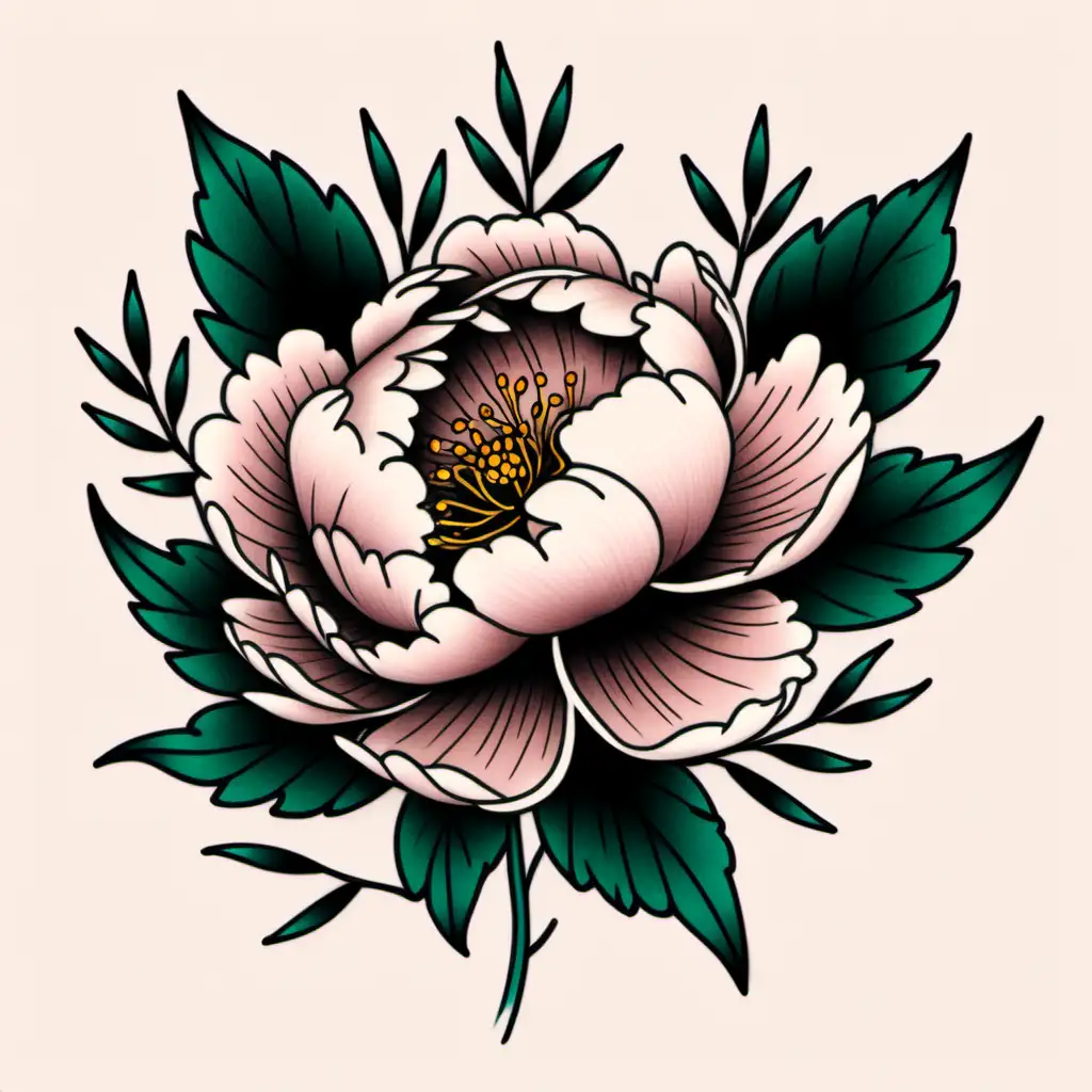 Minimalist Traditional Tattoo Flash Peony with Dust Pink Flower and Dark Green Leaves