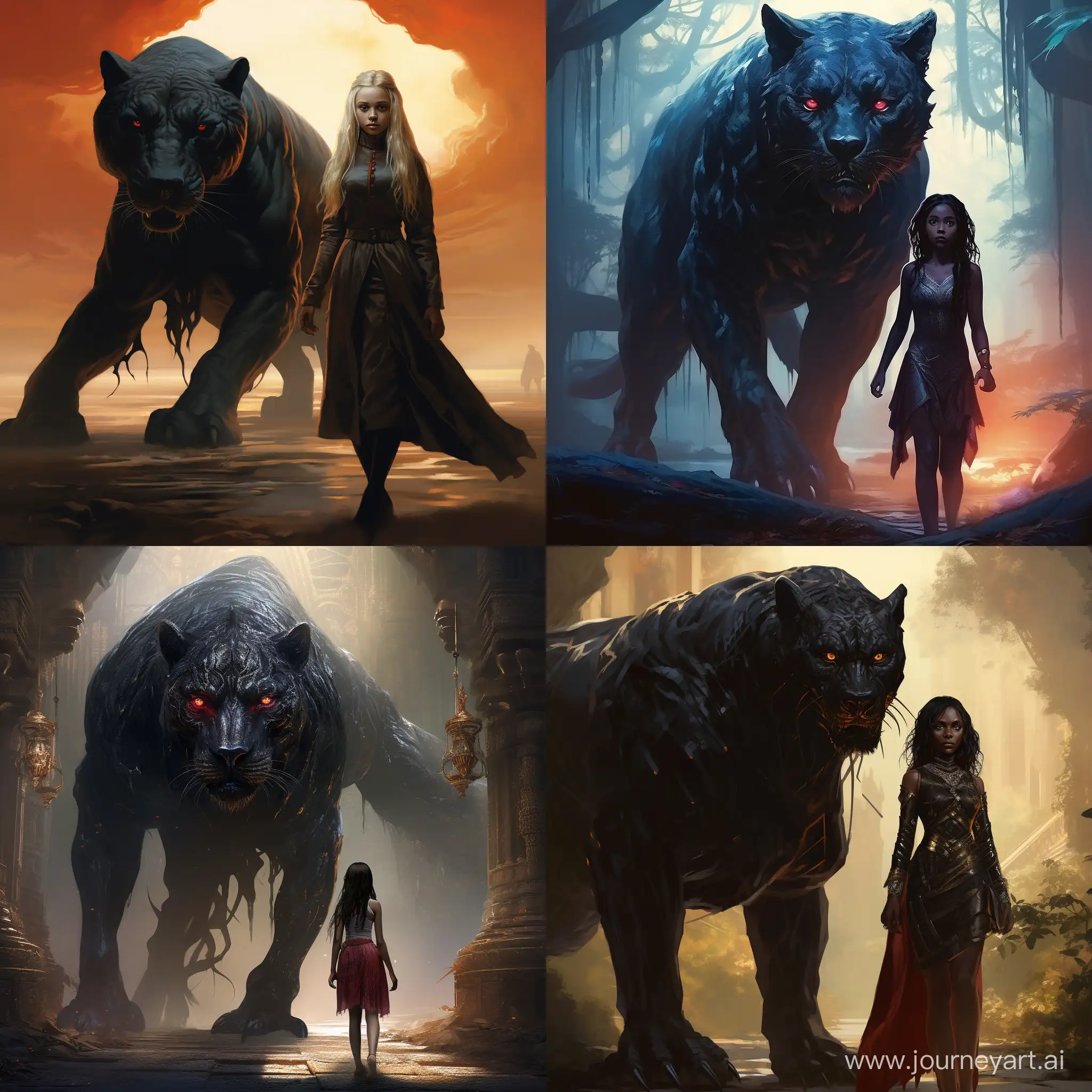 The girl is a thief in period clothing walking beside a leggy black panther beast, fantasy, beautifully unusual alien world