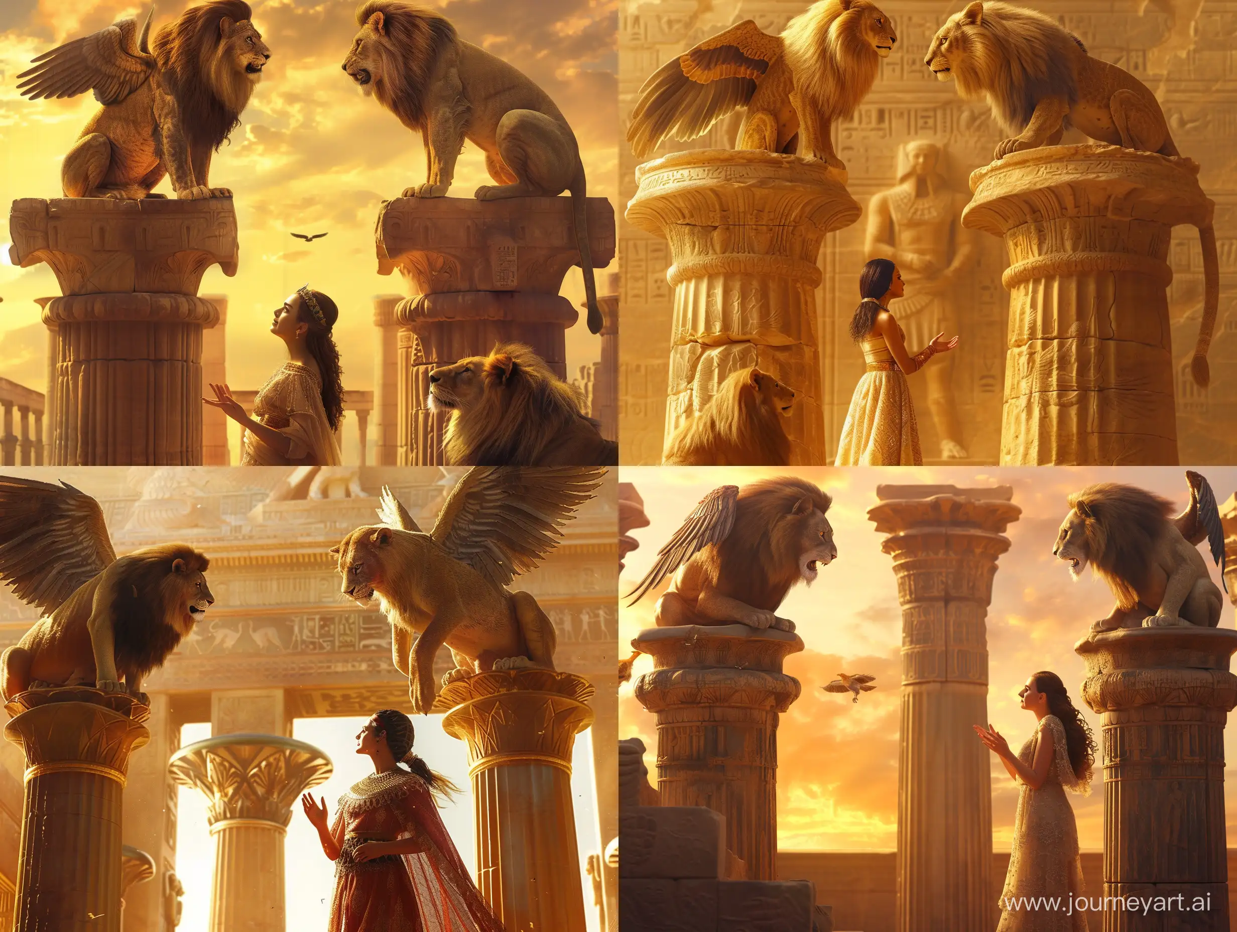 A beautiful princess of Persia is stands Front of two big columns and talking to two animals who are above the columns one of them is An animal with a head like an Achaemenid human face and a beard king and a lion's body and two wings is is standing on the top of a coulum of Persepolis and the other animal is on the top of another column an animal whose head is like an eagle's head and the body of that animal is like the body of a lion is sits. in an ancient civilization, cinematic, epic realism,8K, highly detailed, bird's eye view, golden hour lighting, make a realistic photo.