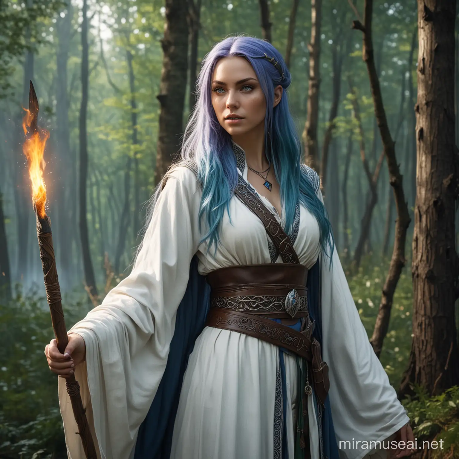 Fantasy Mage Woman with Burning Staff in Forest