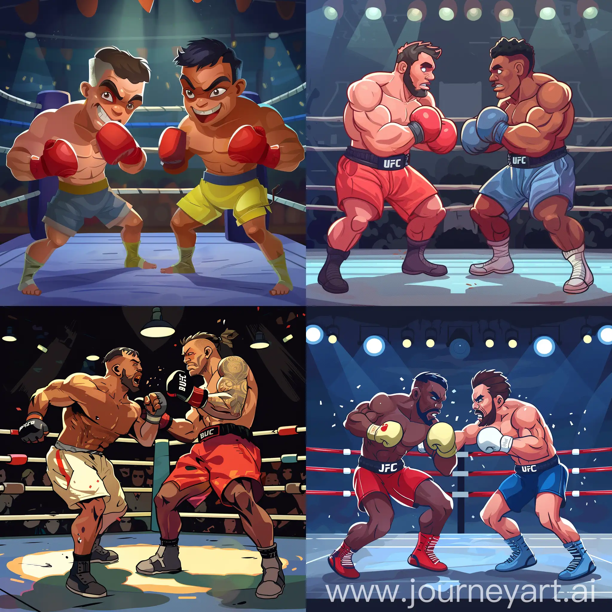Genera dos peleadores en un ring con un estilo de caricatura