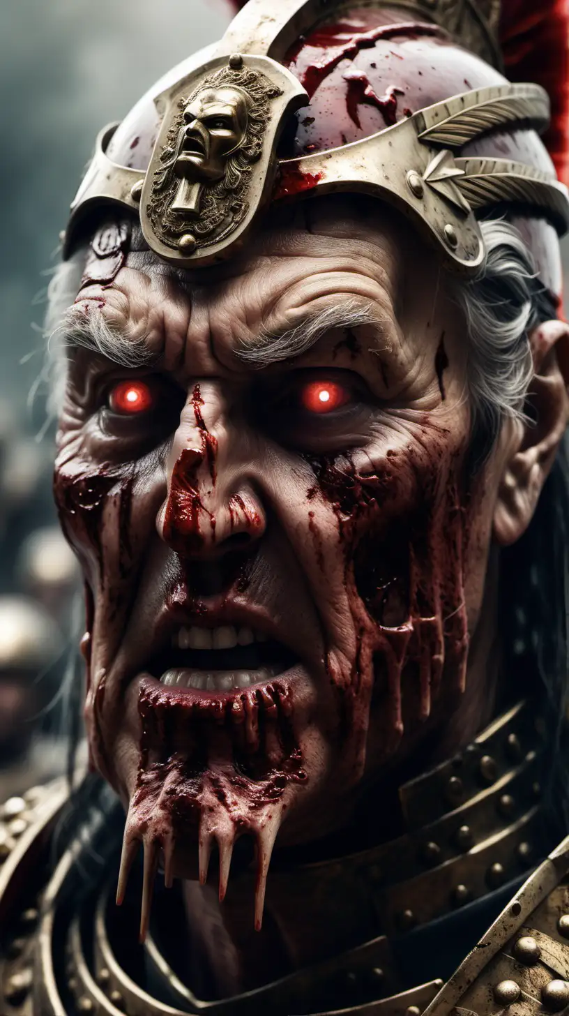 create a close up image of  an ancient general in battle with bloody face