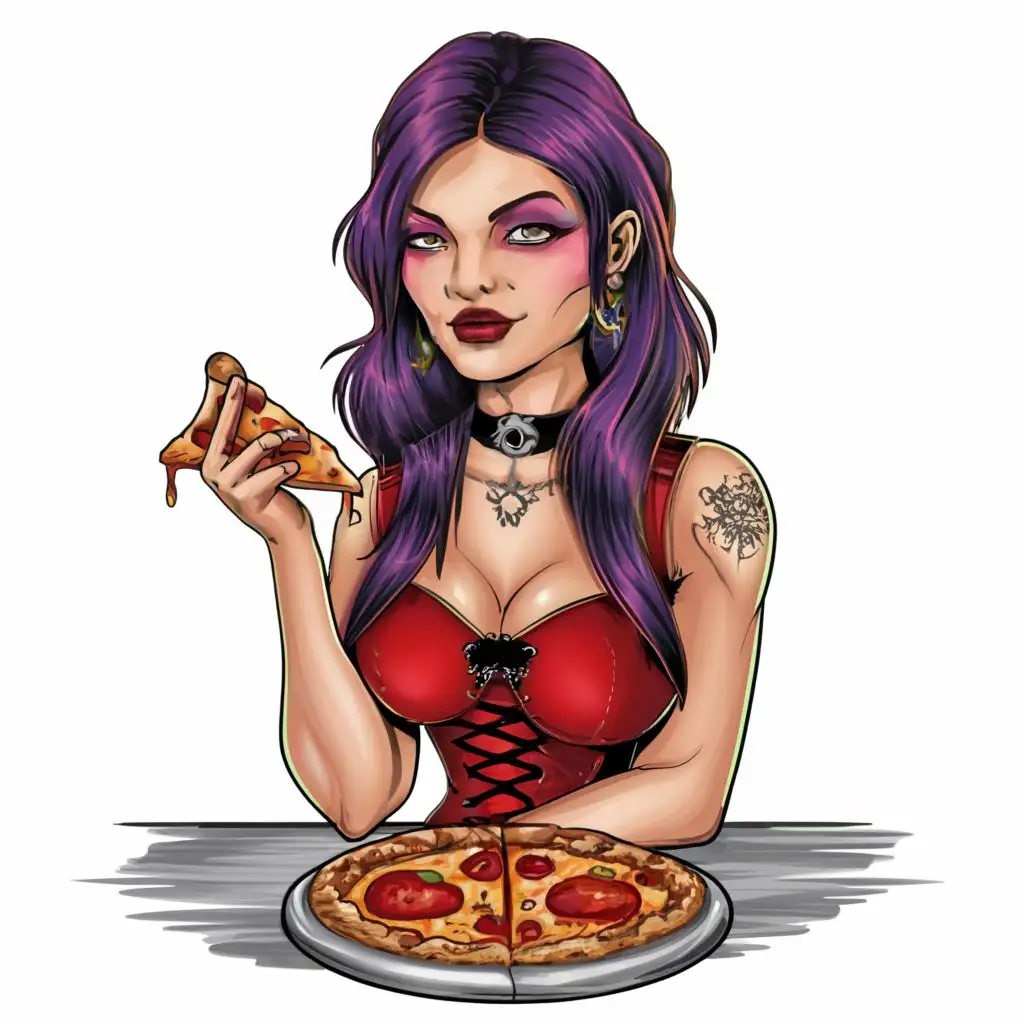 logo, t-shirt vector hyperdetailed airbrush full body portrait of a goth woman  sitting in a resturant eating pizza ,different color hair and clothes, wearing  dark fantasy clothing, black dancing shoes, sneer, goth vibe, Contour, Vector, White Background, no words, ultra  Detailed, ultra sharp narrow outlined image, no jagged edges,  vibrant neon  colors,  typography, with the text ".", typography