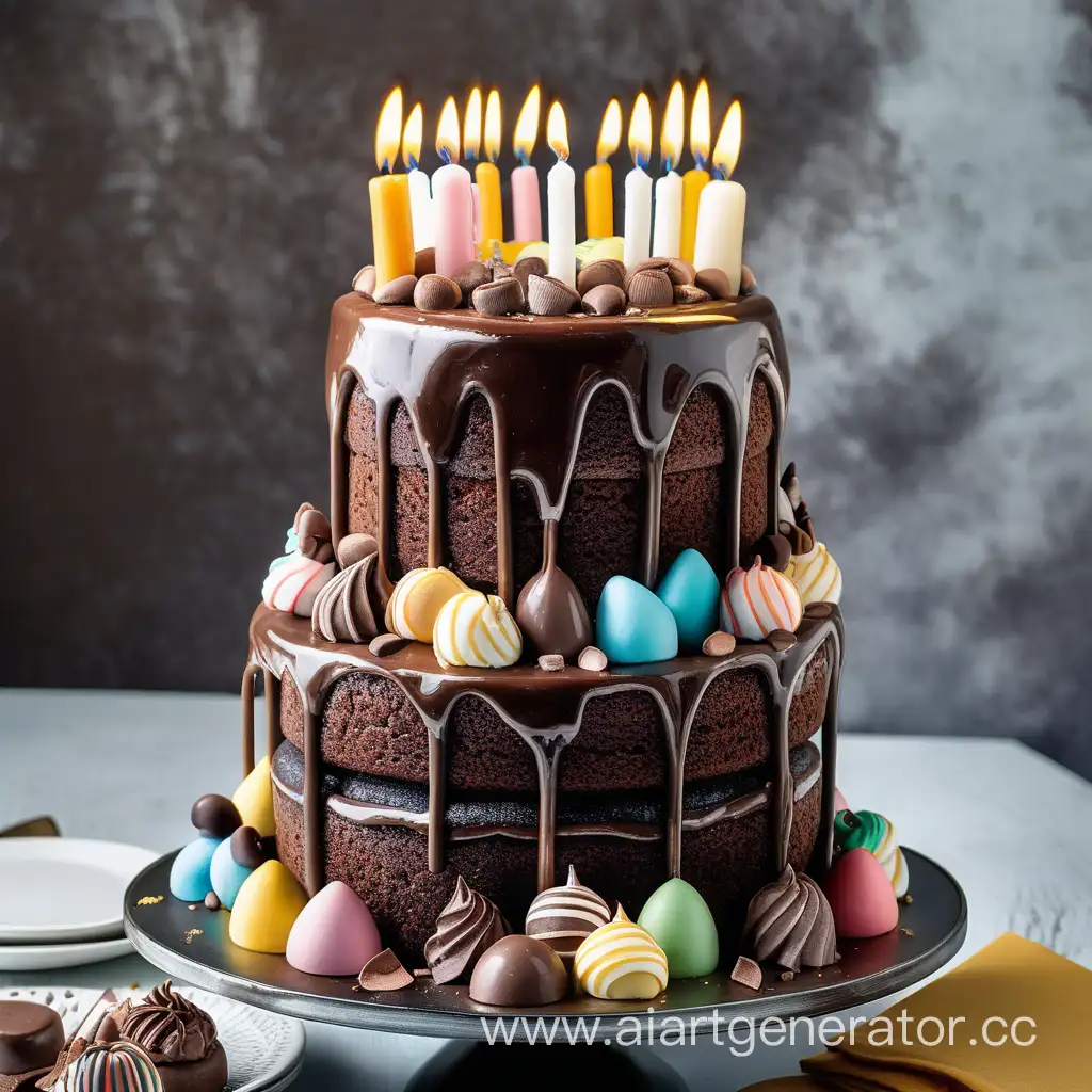 Two-story chocolate cake, top with 16 candles and lots of sweets