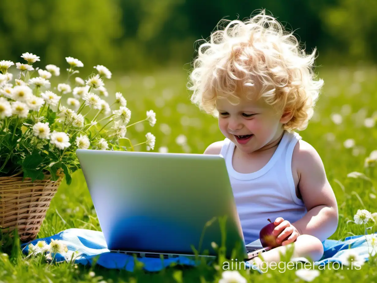 happy blond and curly three-year-old boy sunbathes on a lawn among beautiful meadow flowers, playing with an apple laptop