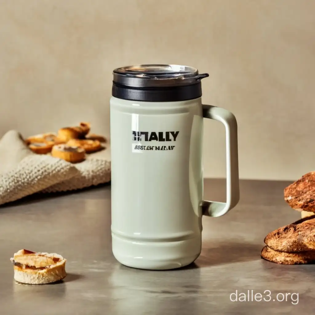 white Stanley insulated mug on table with neutral background.