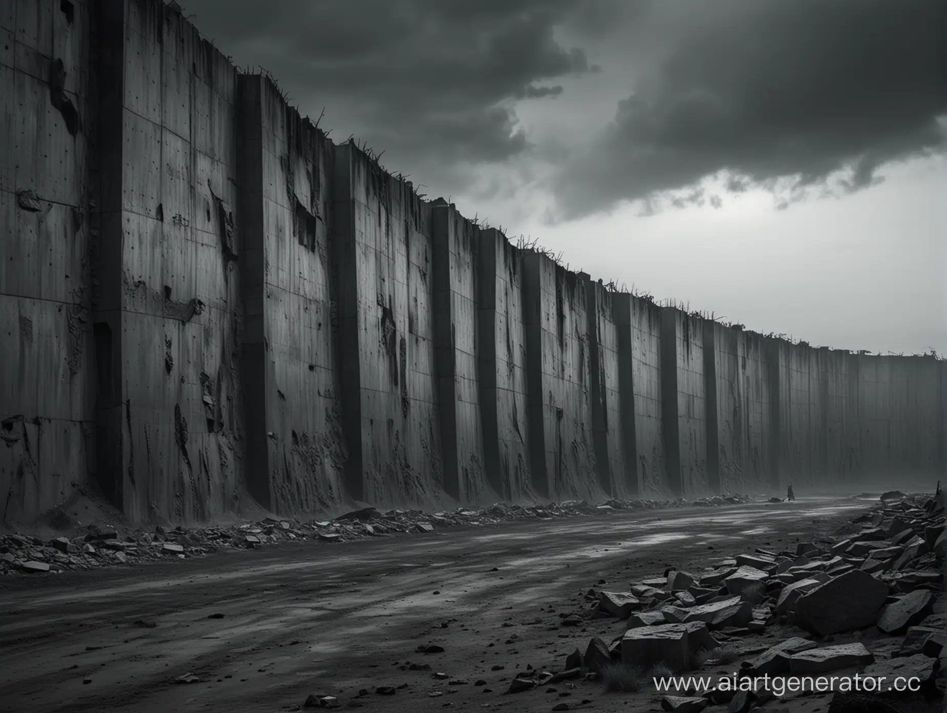Огромная  стена высотой в 300 метров без начала и конца в стиле постапокалиптики на пустой серой планете, в темных тонах.
