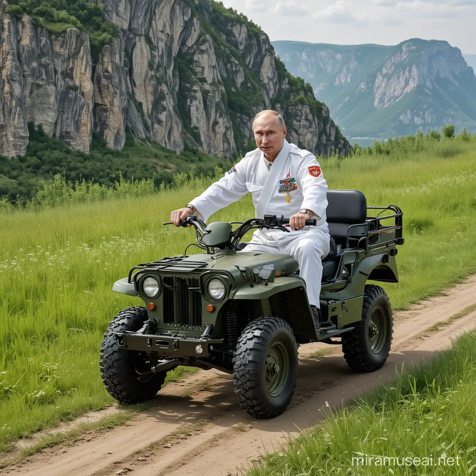  65years old real face putin  wear white  Judo attire  driving white Harry Davidson motorcycle ，on higer green grass 300meters  sharp cliff ,real face ukrain Zelensky driving us green 50 years old willys jeep with firing machinegun to chace former putin ,8k,