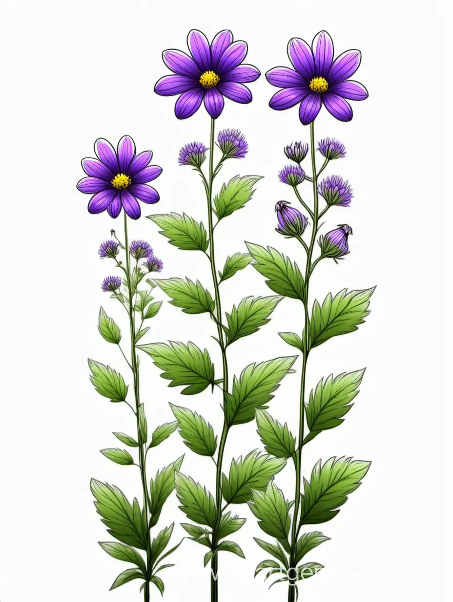 purple BIG wildflower 3 plants lines art, simple, herb, Unique floral, botanical ,grow in cluster, 4K, high quality, white background,