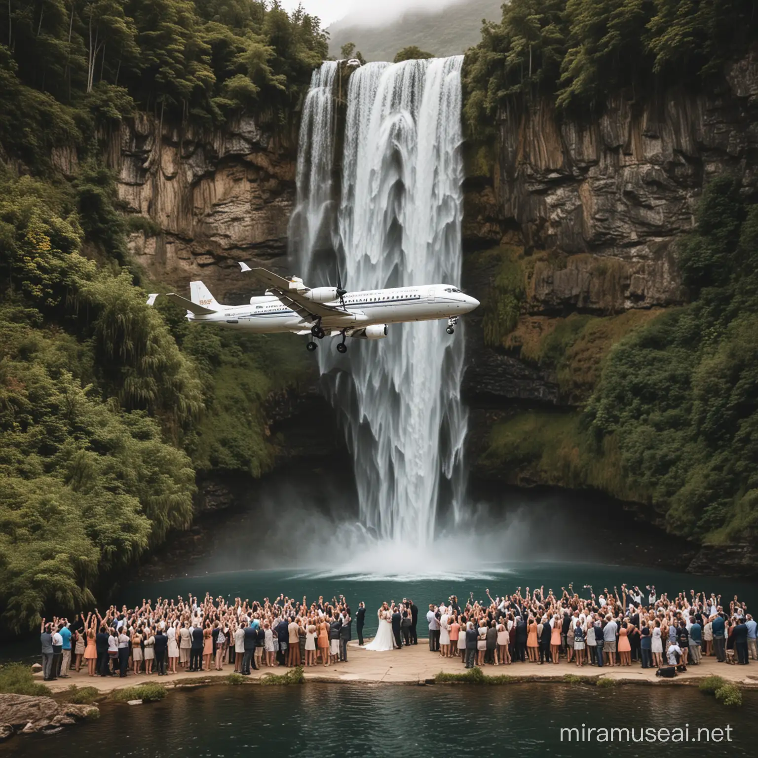 Celebratory Wedding Party at Waterfall with Airplane Overhead
