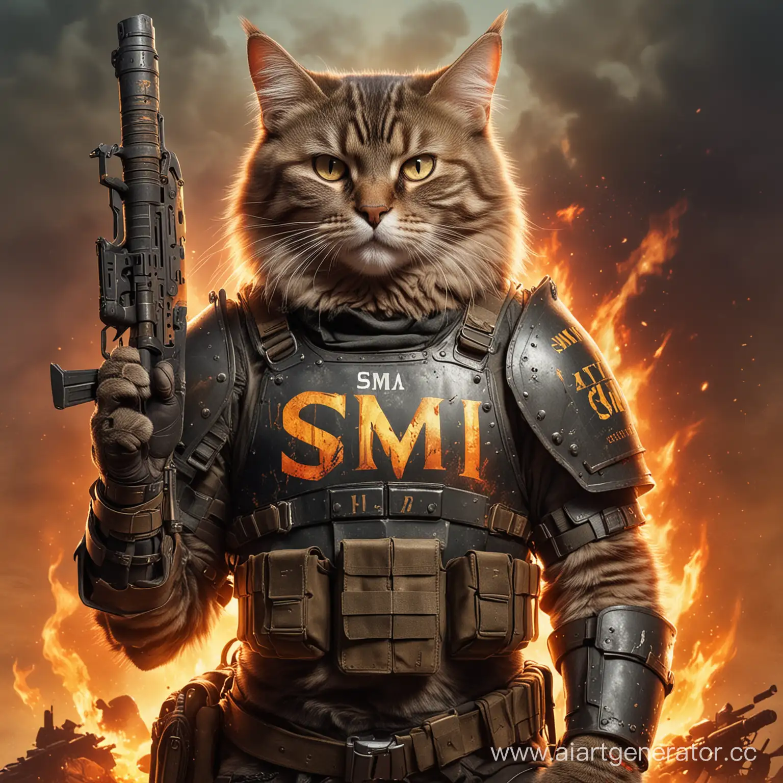 Кот с оружием в руках, одета боевая броня, на заднем фоне огонь, на груди надпись SMI