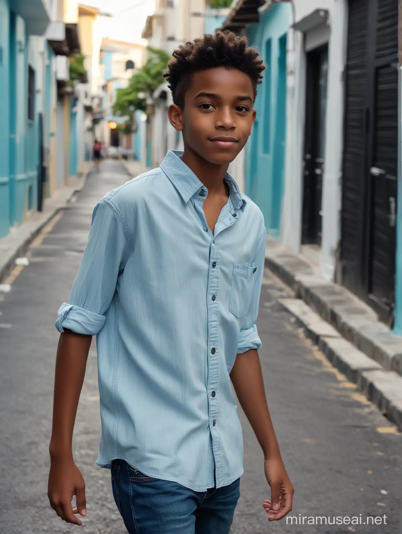 the very handsome carribean 14 year old boy wearing atee shirt and a jean is walking in a carribean street. in the style of light blue and dark black, fashwave, candid celebrity shots, uhd image, body extensions, natural beauty --ar 69:128 --s 750 --v 5. 2