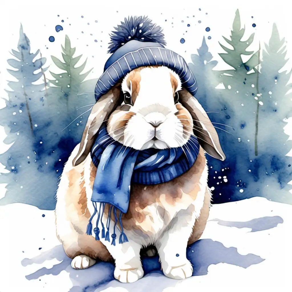 Adorable Watercolor Holland Lop Rabbit Wearing Winter Hat and Scarf in Snowy Landscape
