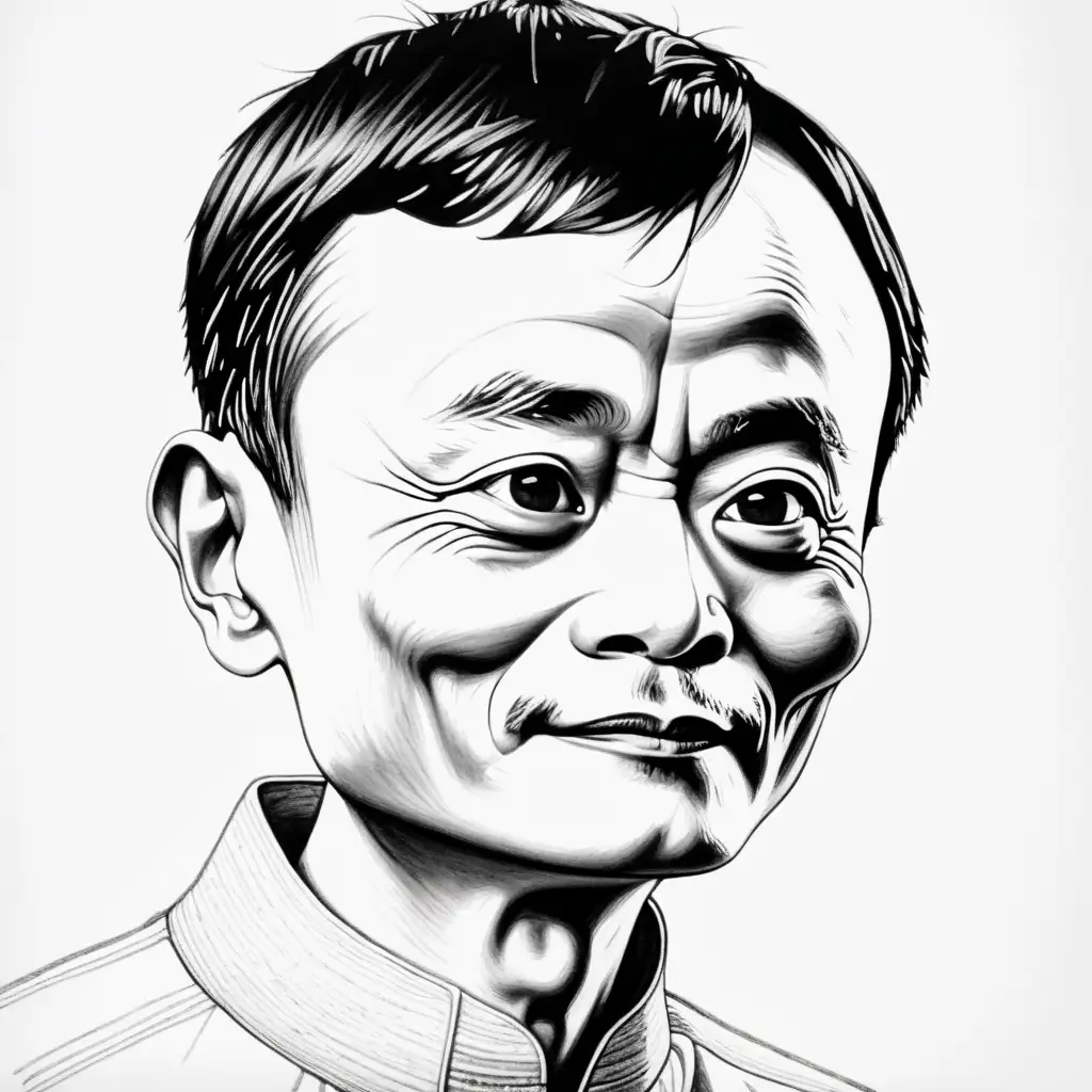 Minimalist Pencil Sketch of Jack Ma Contemplating with Blue Crayon