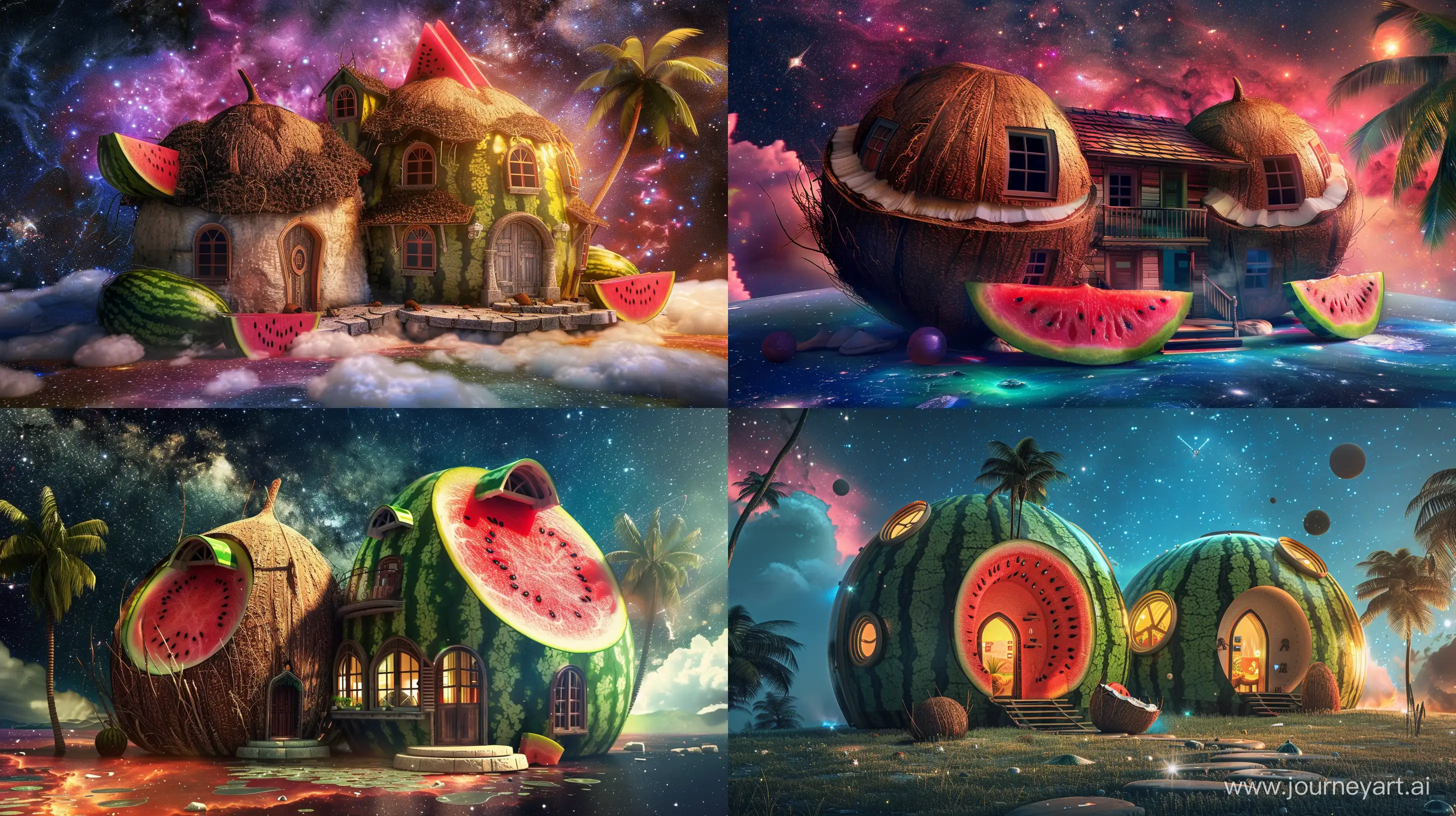 big house in the shape of coconut and watermelon, in the galaxy, beautiful, fantasy style, realistic --ar 16:9
