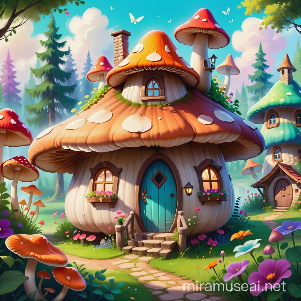 In a beautiful dress, in front of a charming mushroom house, surrounded by lush greenery and colorful flowers. Digital art painting with brush strokes and textures in artistic style, cute cartoon