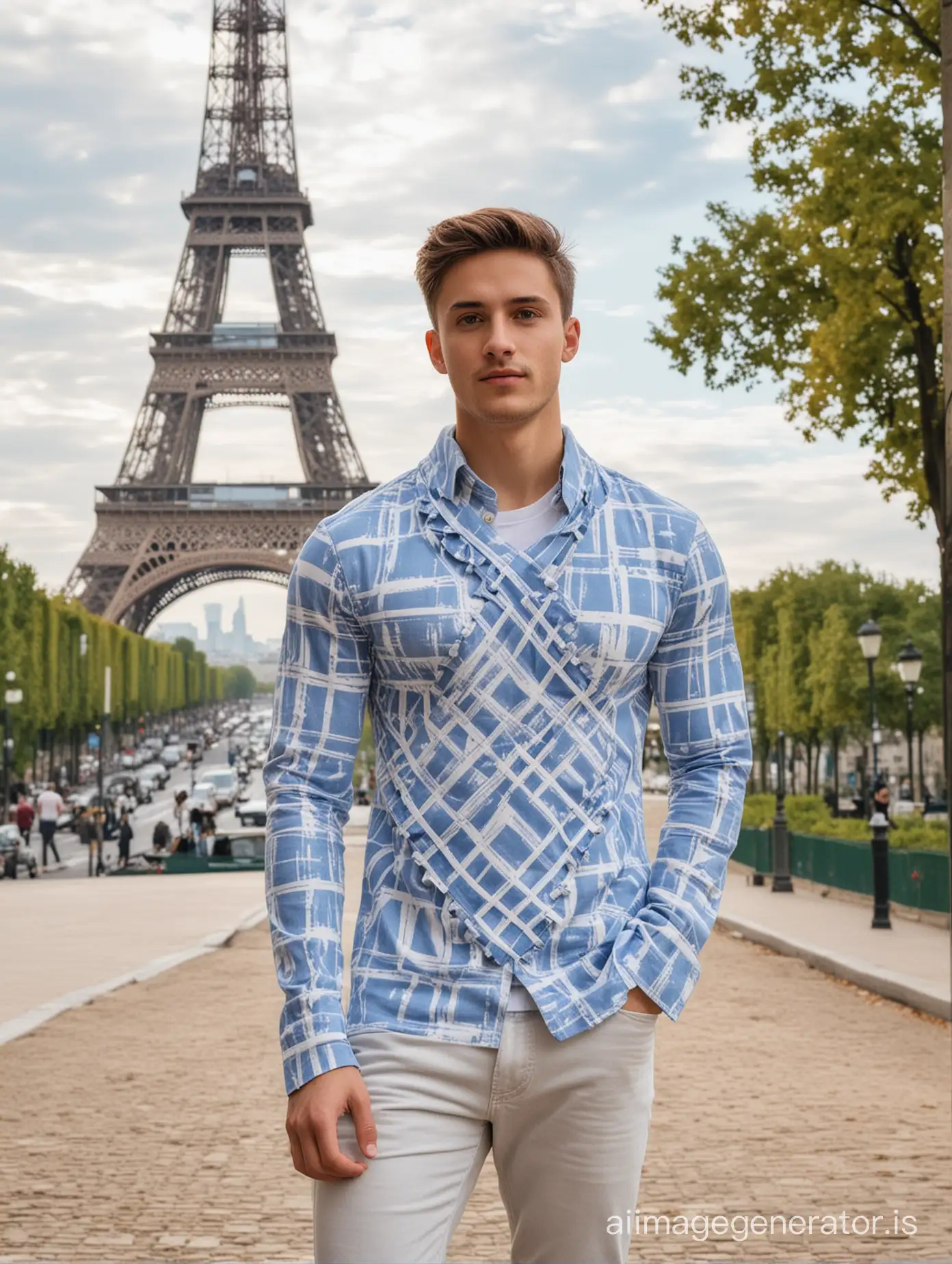 A young man wearing long sleeve criss cross blue and white colour, standing with background of beautiful eifel tower