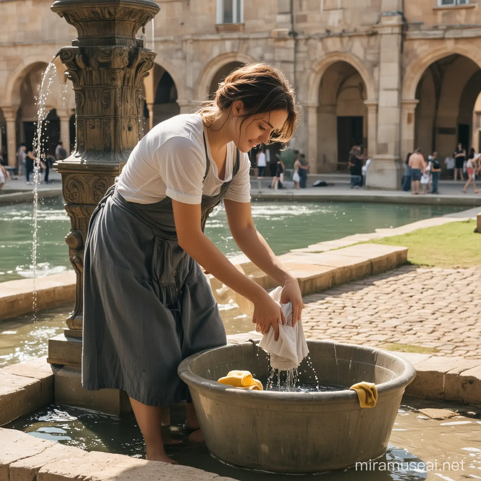 Young Woman Washing Clothes at the Fountain