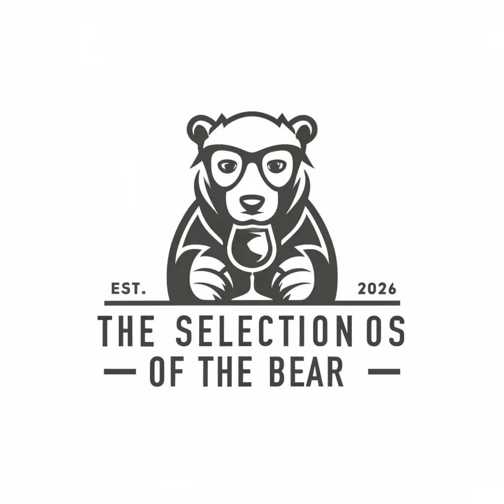 a logo design,with the text The selections of the bear, main symbol:Bear with glasses and a glass of wine black and white style,Minimalistic,be used in wine distribution,silver background