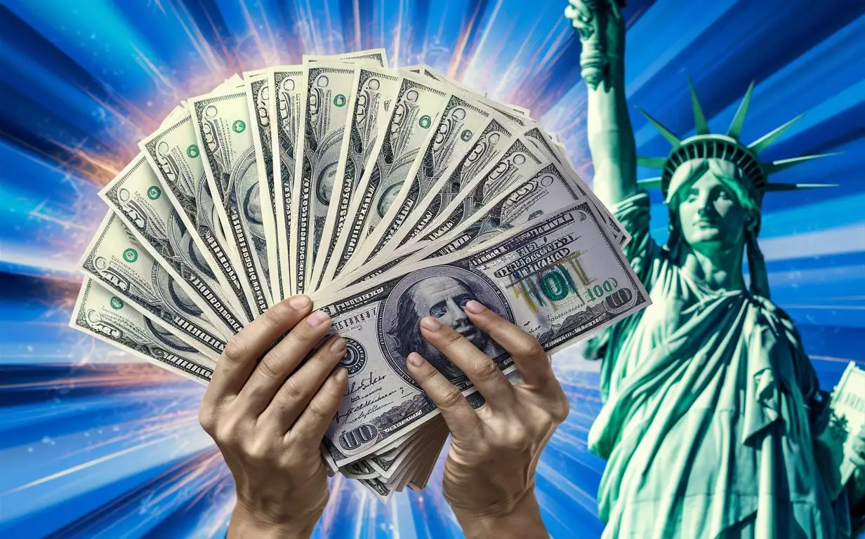 яркая картинка с деньгами, руками и америкой