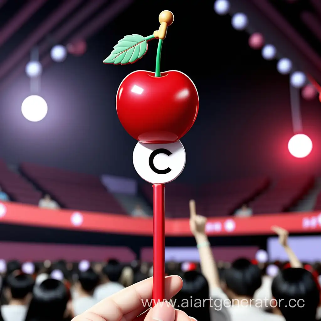 Красная палочка с набалдашником в виде черешни и надписью "c"который является символом фандома той или иной группы, способом поддержки и взаимодействия с любимыми кпоп артистами на концерте 