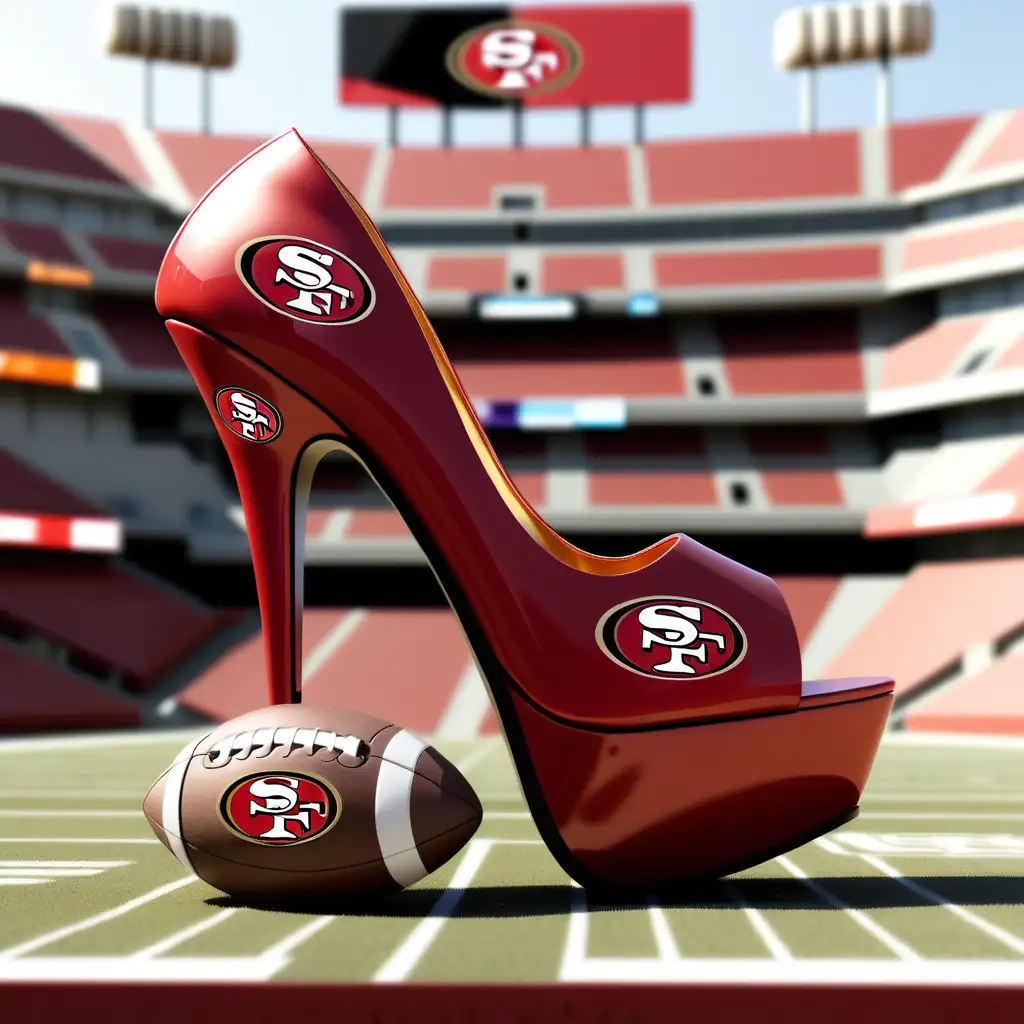 A high heel stiletto shoe with a football stadium the San Francisco 49ers logo , a helmet,  and football with a smoky skyline  inside 