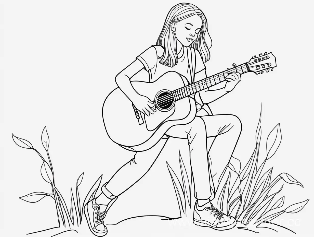 Раскраска контуром на белом фоне в полный рост-девушка играет на гитаре