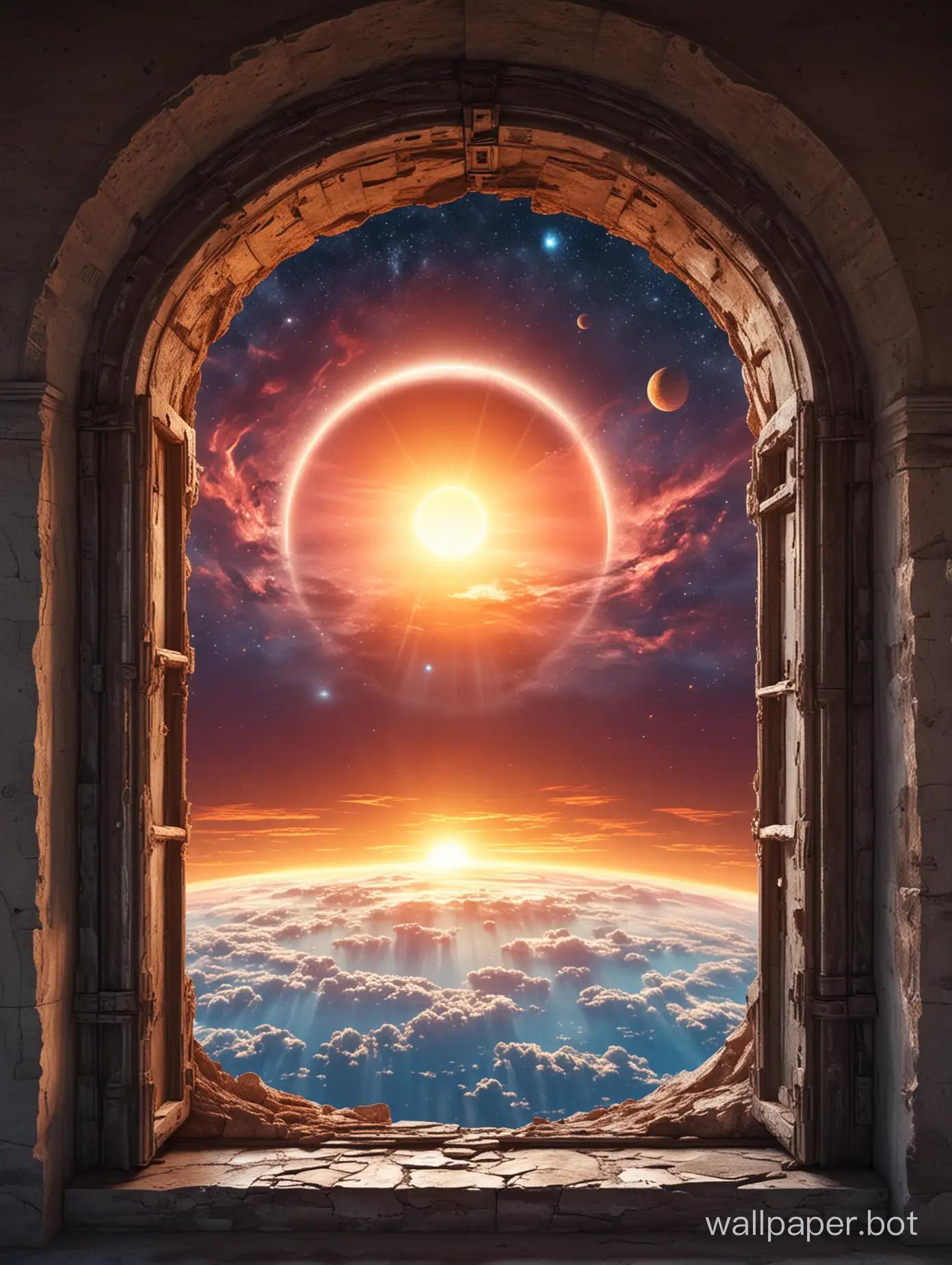 Window into fantasy space with planet. fantastic tower against sunset background. High resolution. Very definition.  sci-fi.
