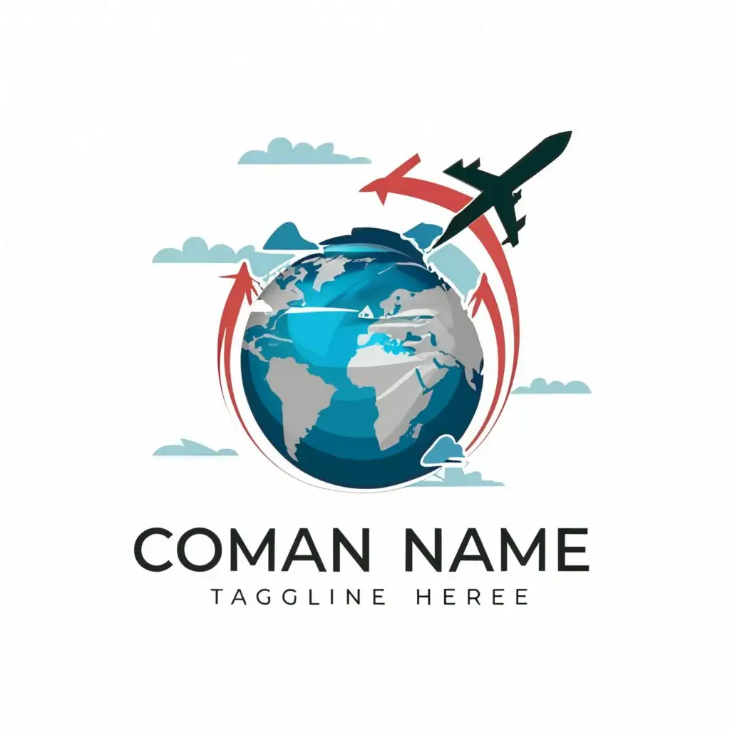 logo, Aircraft in the sky, blue, red, and white colors, world globe, with the text "_", typography, be used in Travel industry