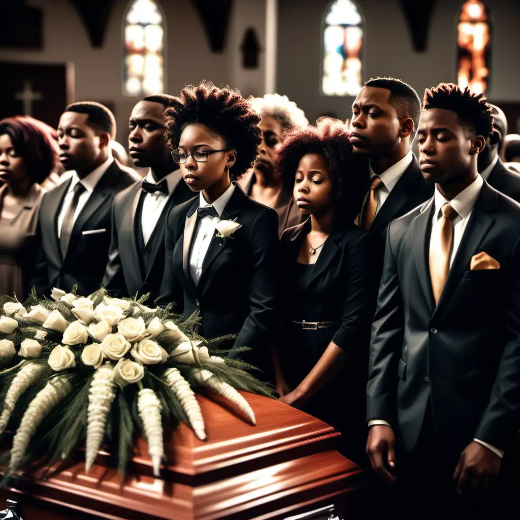 Create fantasy style image representing black american families mourning the loss of loved ones inside crowded church, viewing casket