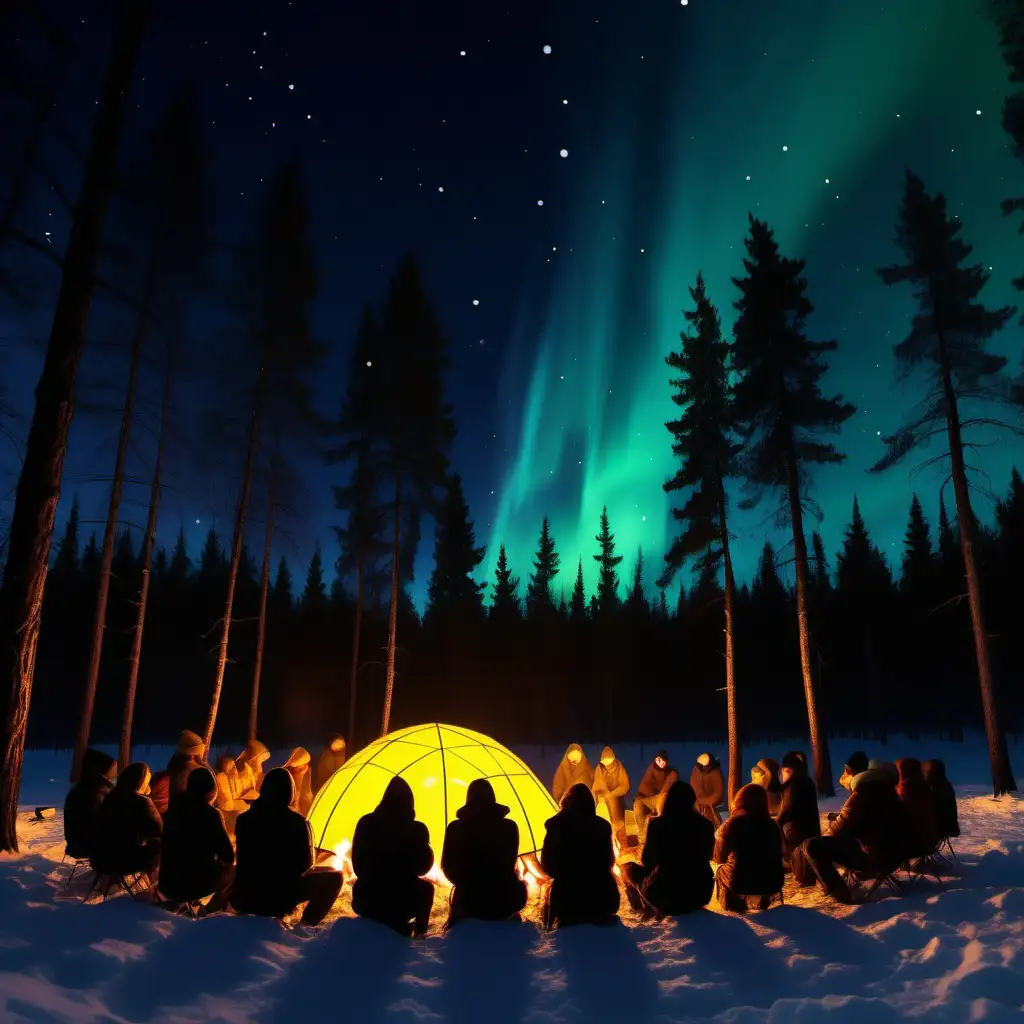Create a sensational YELLOW DOME IN the sensational snowy forest at night, silhouette of 50 people around a campfire, northern lights above and dome in the middle in the background, 1080p resolution, ultra 4K, high quality