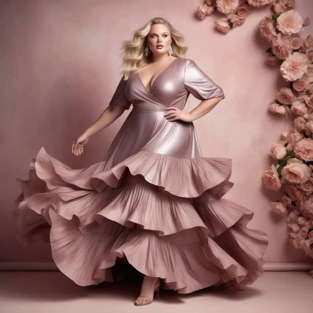 sexy, beautiful and stylish plus size model, blond, sensual open blue eyes,  wearing a dusty rose matte metallic long gown, with 2 tiers of long ruffles, elbow length sleeves, dancing, studio fashion photography, 3D floral background