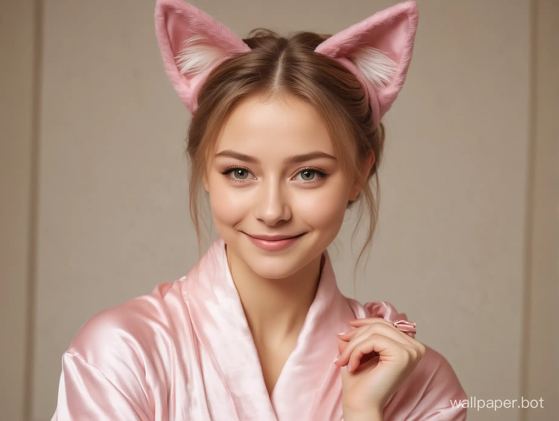 Yulia Lipnitskaya in a silk robe with cat ears smiles