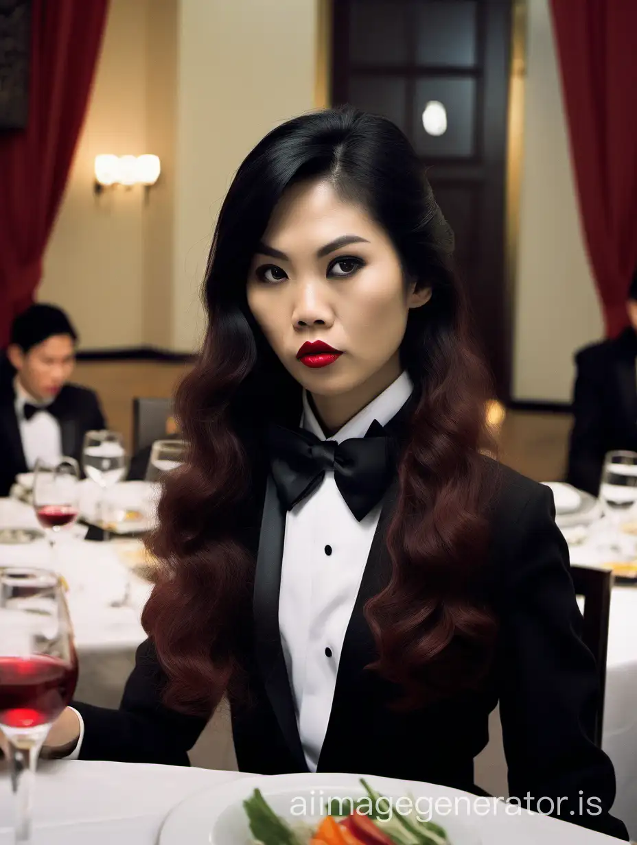 stern Vietnamese woman with long hair and lipstick wearing a tuxedo with a black bow tie.  She is at a dinner table.