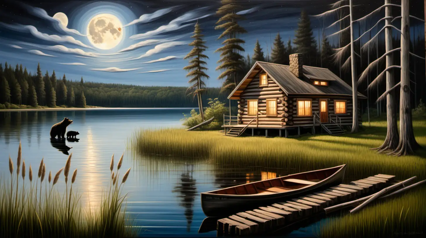 oil painting old log cabin on solid ground, on lake front, forest, old dock and row boat in front of cabin,  black bear on deck, full moon,  mallards in water in foreground , weeds and reeds in lake only

