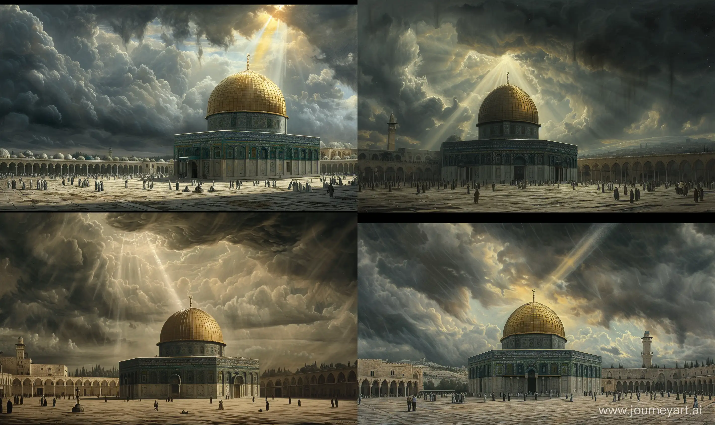a medieval Renaissance painting, Dome of the Rock in middle of a vast courtyard, dark grey cloudy weather, small sun ray entering from clouds striking the finial, pilgrims, calm medieval era environment --ar 5:3 --v 6