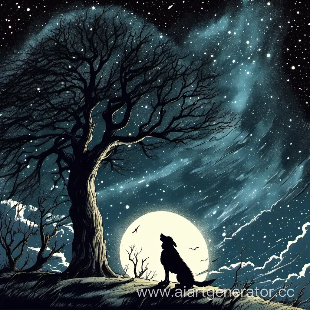 Собака воет на ночное небо около большого дерева