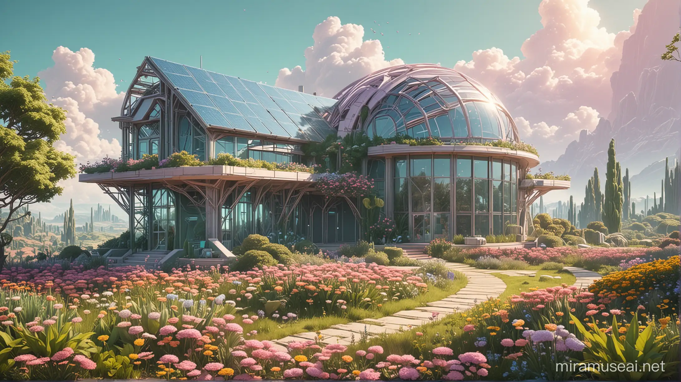Pastel landscape of a solar punk building set in the future. With lots of green gardens and flowers