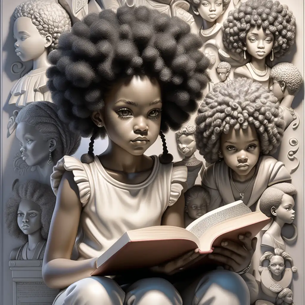 Create a realistic digital sculpture featuring a young African American girl with intricate realistic hair in two big detailed curly black afro puffs, engrossed in reading a book. Surround her with stylized bas-relief portraits of various fictional African American figures, representing a diverse array of ages and personalities. These portraits should blend seamlessly with the girl's hair creating a tableau that suggests a sense of community being absorbed as she learns and grows. The book and figures should have a monochromatic color scheme, emphasizing texture and depth as the figures emerge from her essence in 3d