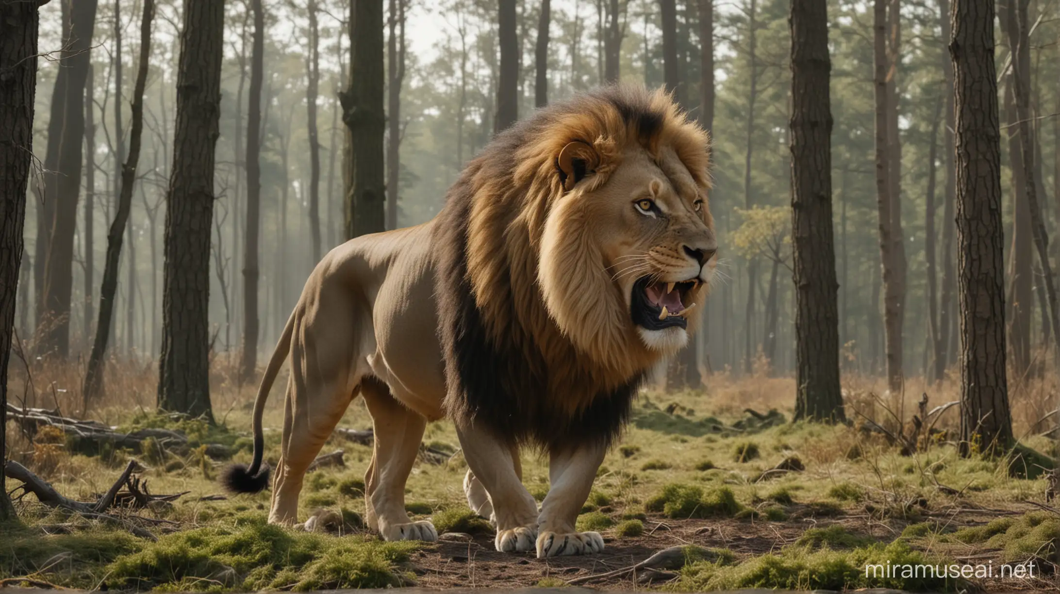 A big and strong lion roars in the forest, in a beautiful place