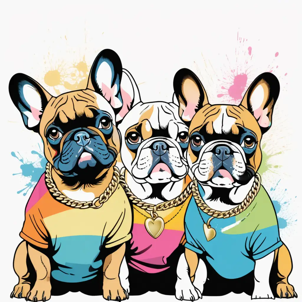 cute colorful french bulldogs wearing a gold chain and t-shirt, distressed edges on image

