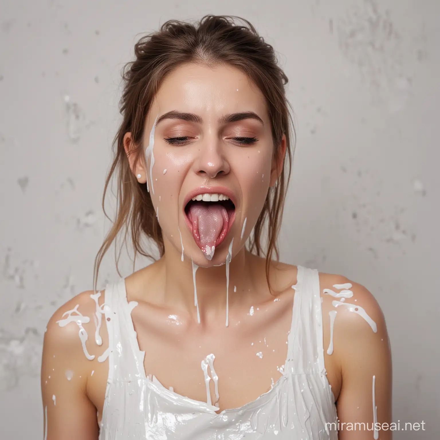 Woman wearing dress, her tongue stained with sticky white paint