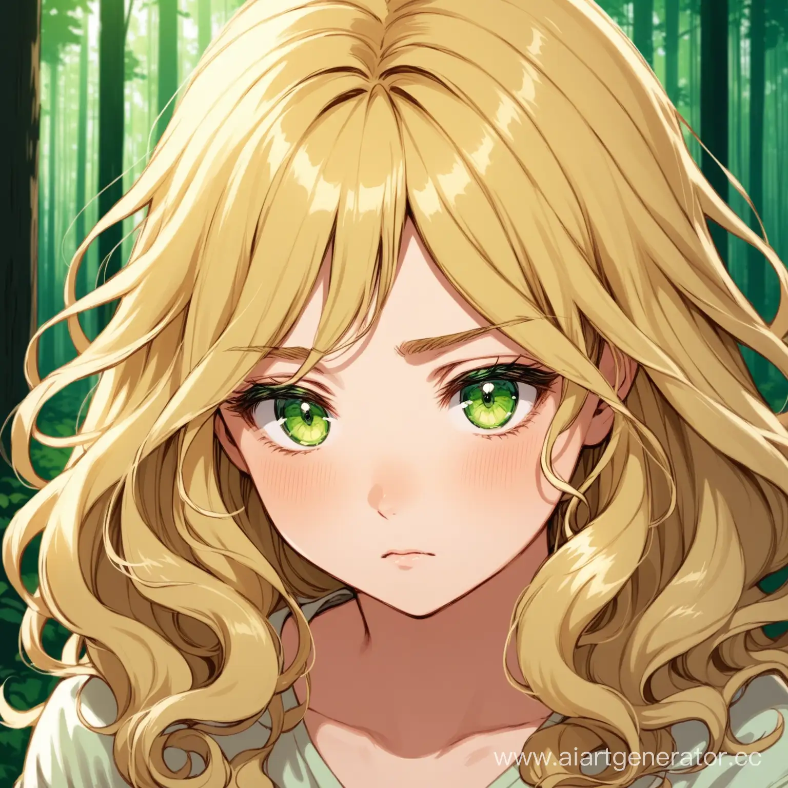 блонд с завитыми концами
усталые глаза
тёмно зелёные глаза
на фоне леса