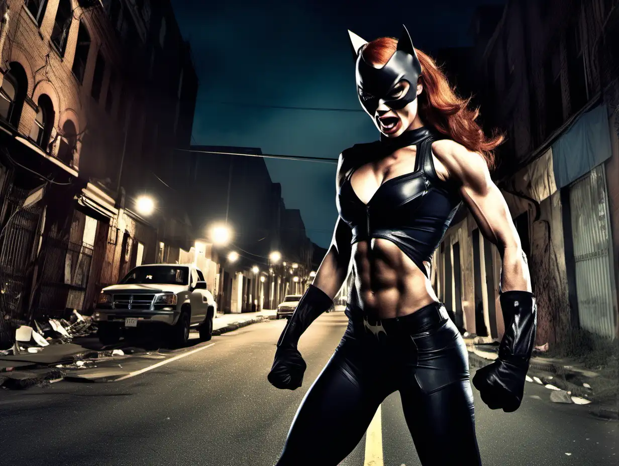 very muscular red haired female in a sleeveless catwoman costume flexing her muscles on a cluttered rundown street at night and snarling