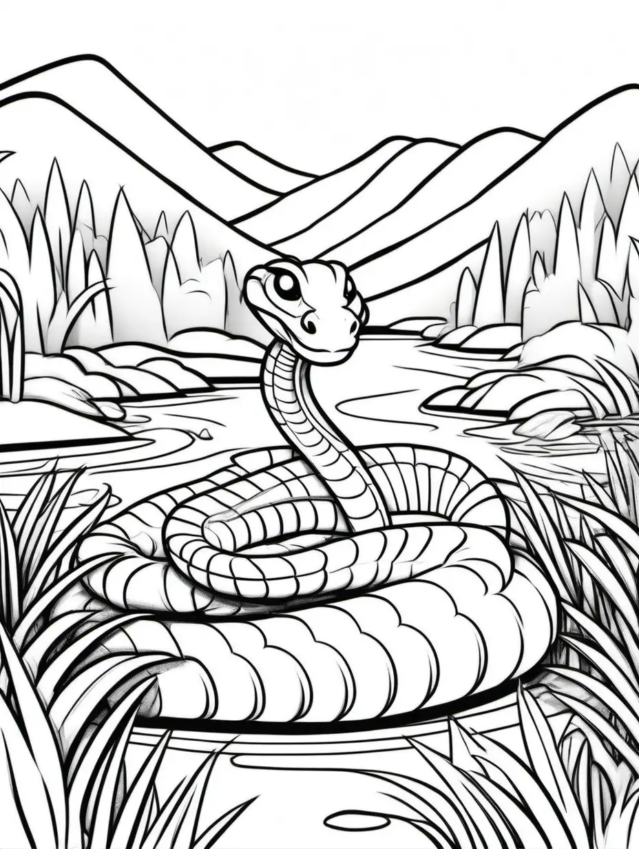 Coloring book, cartoon drawing, clean black and white, single line, in center of aspect ratio 3:4, white background, cute cobra rolled up next to a river.