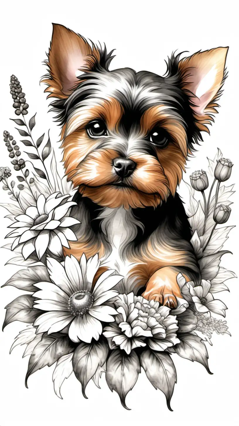 Pitbull Puppy Embraced by Floral Splendor Vintage Ink Wash Art