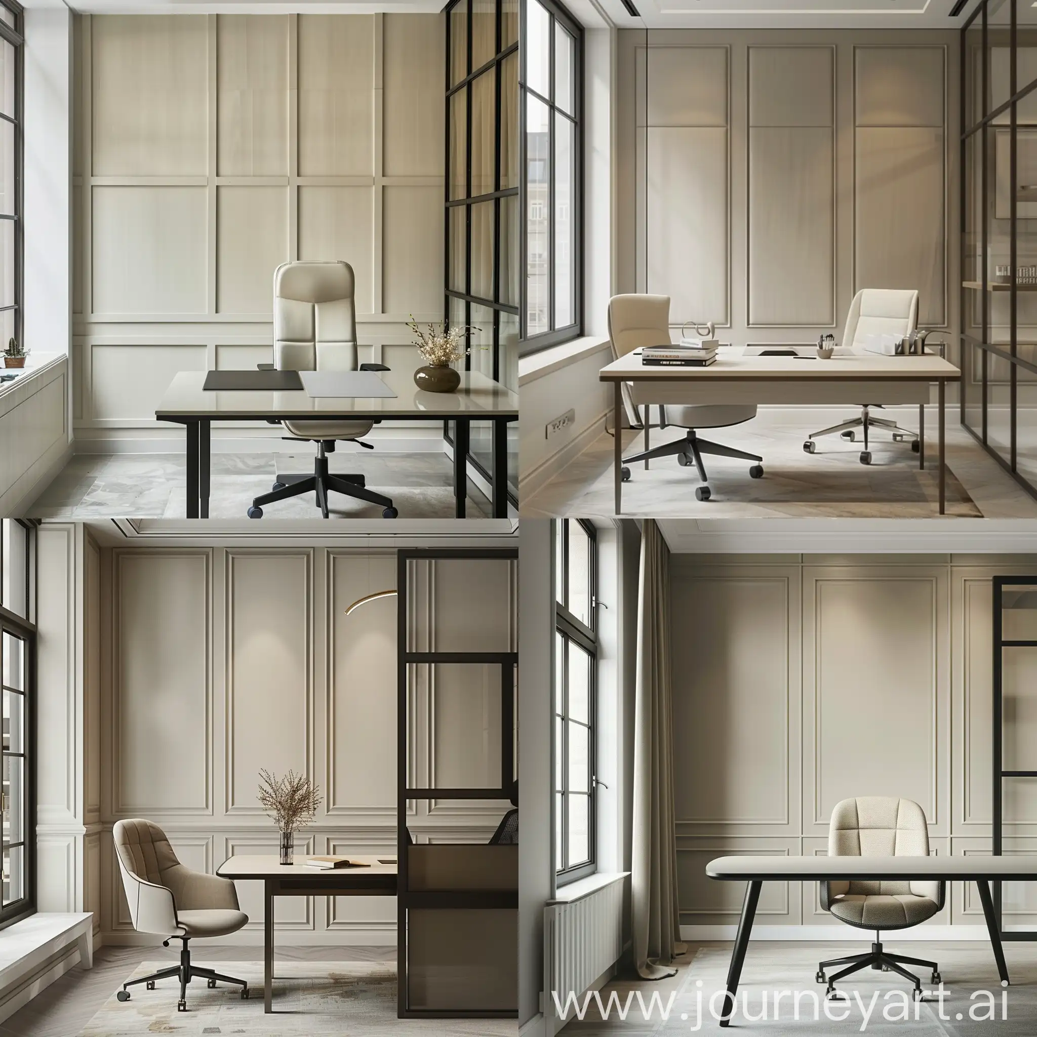 Scandinavian themed office interior design with executive table and chair, wall panelling behind, window frame on the left and small glass partition with dark minimal framing on the right. Colours used are shades of white and beige.