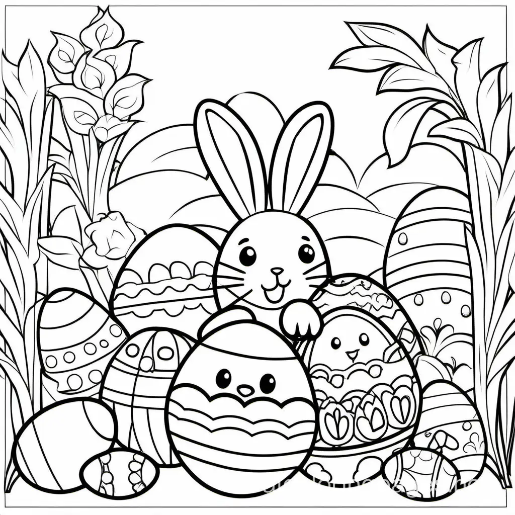 Easter Theme, Coloring Page, black and white, line art, white background, Simplicity, Ample White Space. The background of the coloring page is plain white to make it easy for young children to color within the lines. The outlines of all the subjects are easy to distinguish, making it simple for kids to color without too much difficulty